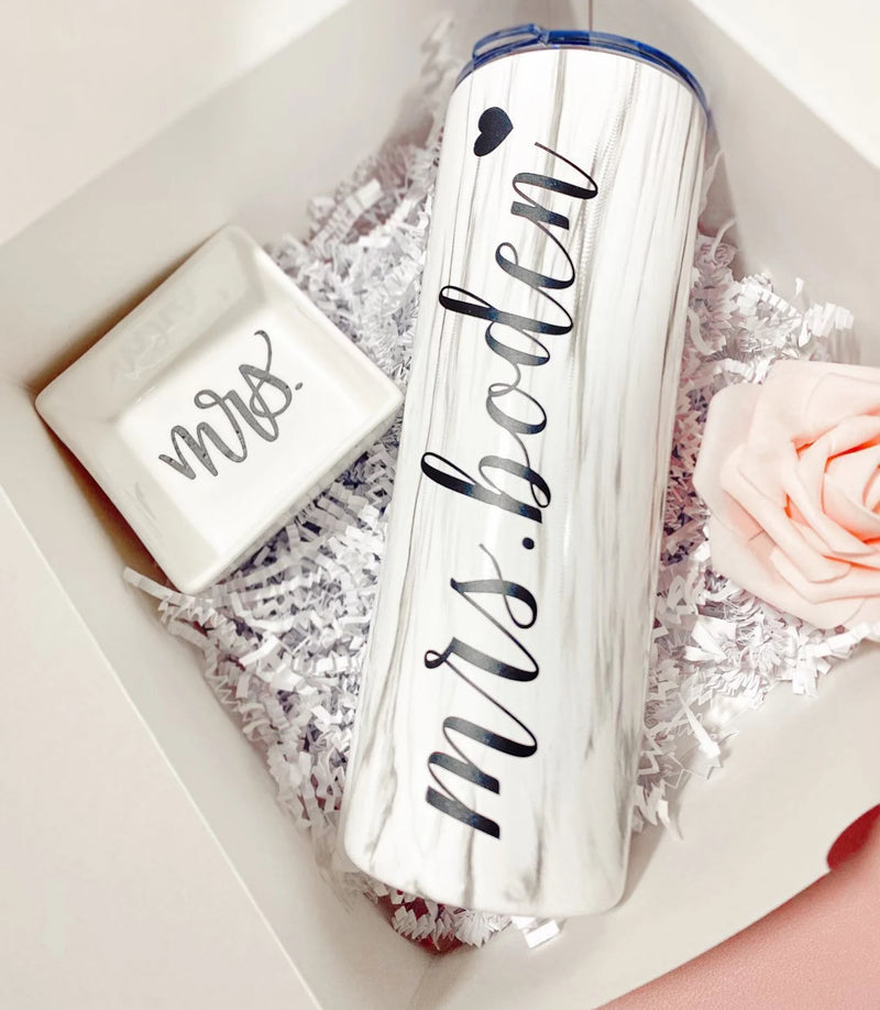 Personalized marble mrs tumbler bride to be gift set- future mrs engagement gift idea for new bride bridal gift box set- bride mrs ring dish