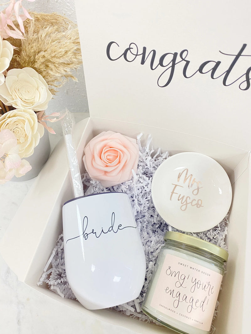 Bride ring finger gift set- future mrs engagement gift box idea for bride to be- bridal gift box set- tumbler ring dish engaged af fiancee