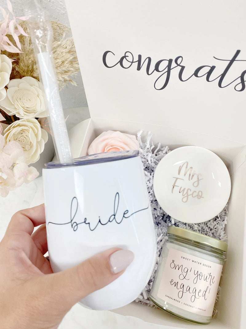 Bride ring finger gift set- future mrs engagement gift box idea for bride to be- bridal gift box set- tumbler ring dish engaged af fiancee