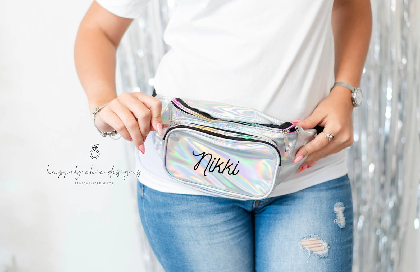 Personalized Bride bachelorette party fanny pack - metallic iridescent pouch purse custom bridesmaid wifey mrs bridal gift idea - future mrs