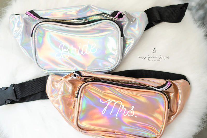 Personalized Bride bachelorette party fanny pack - metallic iridescent pouch purse custom bridesmaid wifey mrs bridal gift idea - future mrs