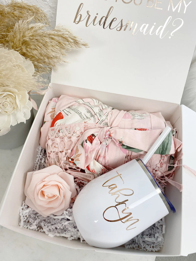 Bridesmaid proposal gift box- personalized bridesmaid wine tumbler- bridesmaid floral robe - bridal party robes - will you be my maid of honor