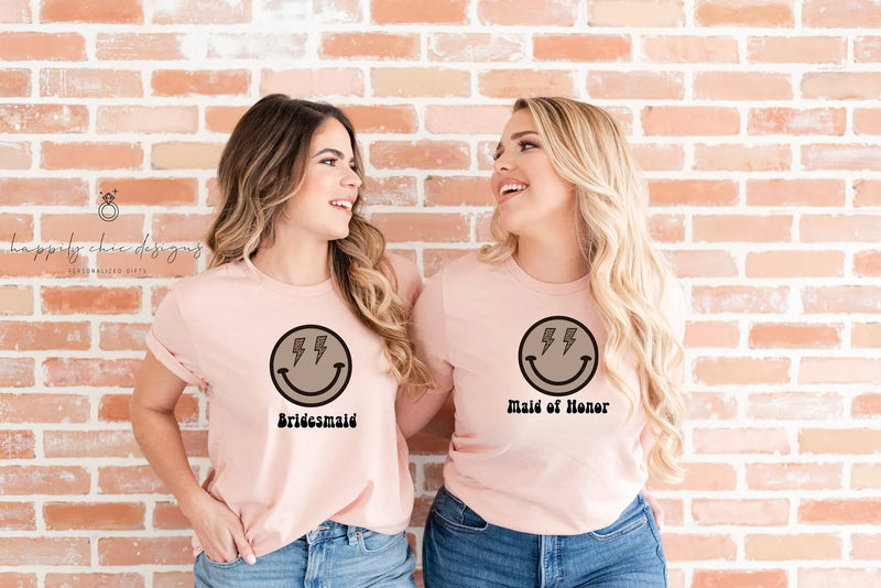 Retro smile face bride bridesmaid shirts- bachelorette party shirts- brides babes bride tribe- bridal party bach babe custom bridesmaid tee