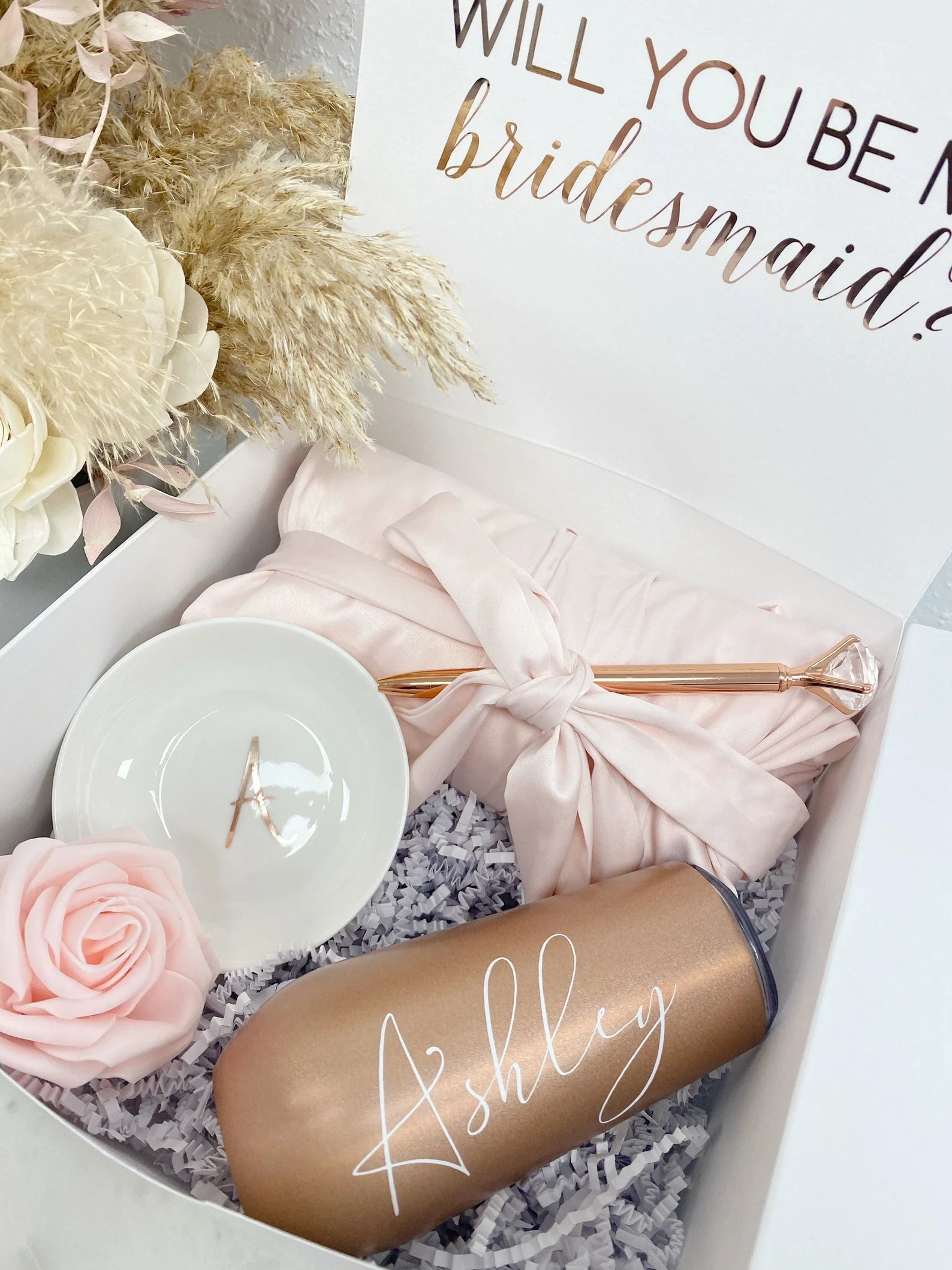 Bridesmaid proposal gift box- personalized bridesmaid Champagne flute - bridesmaid satin lace robe - bridal party robes - will you be my maid of honor