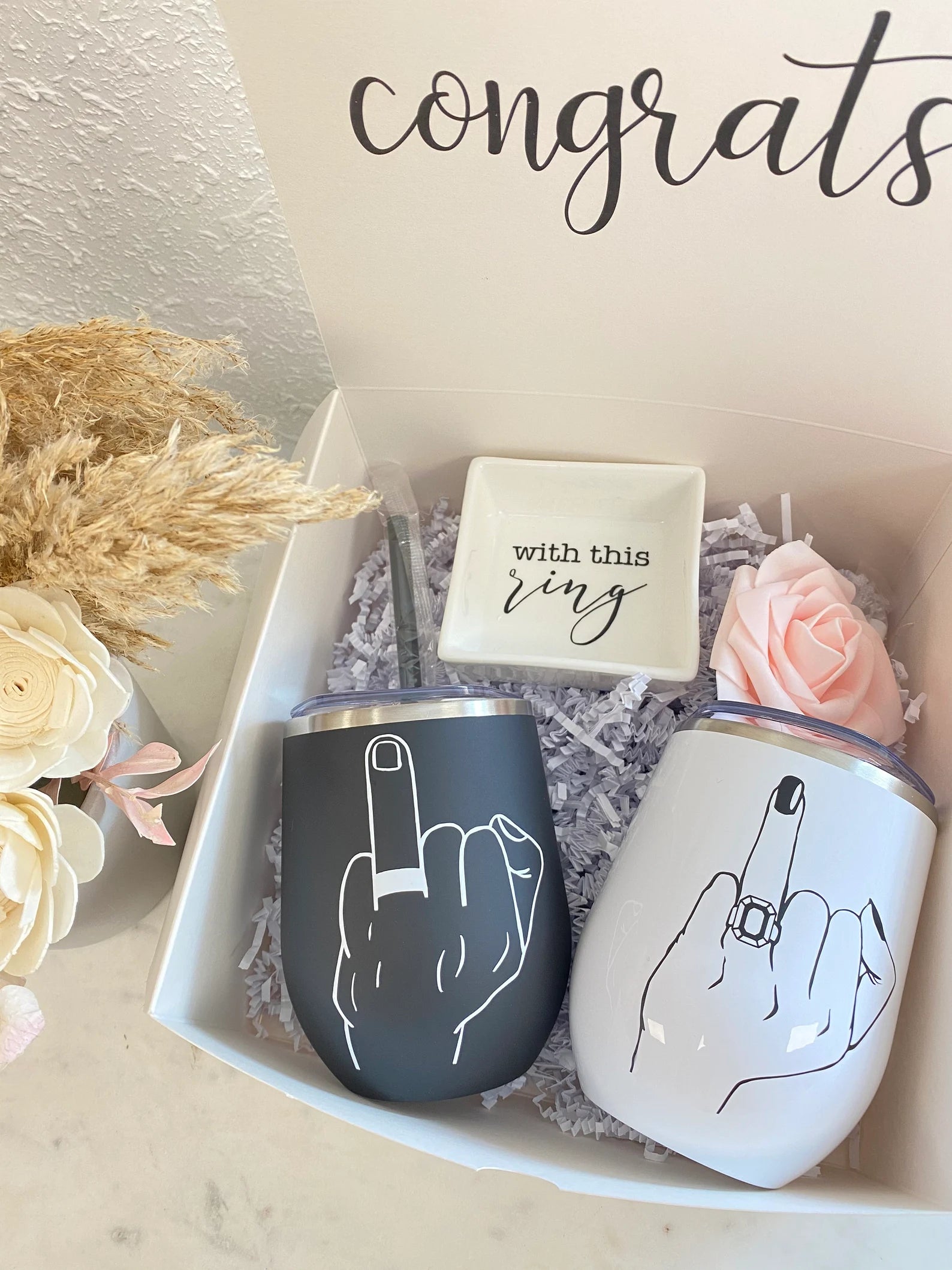 Couples ring finger gift set- wine tumbler set mr and mrs engagement gift box set- his and hers wifey and hubby wedding day gift idea-