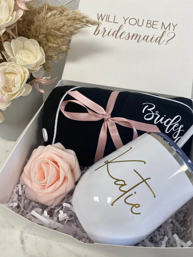 Bridesmaid proposal gift box- personalized bridesmaid wine tumbler - bridesmaid pajamas pjs - bridal party robes - will you be my moh box