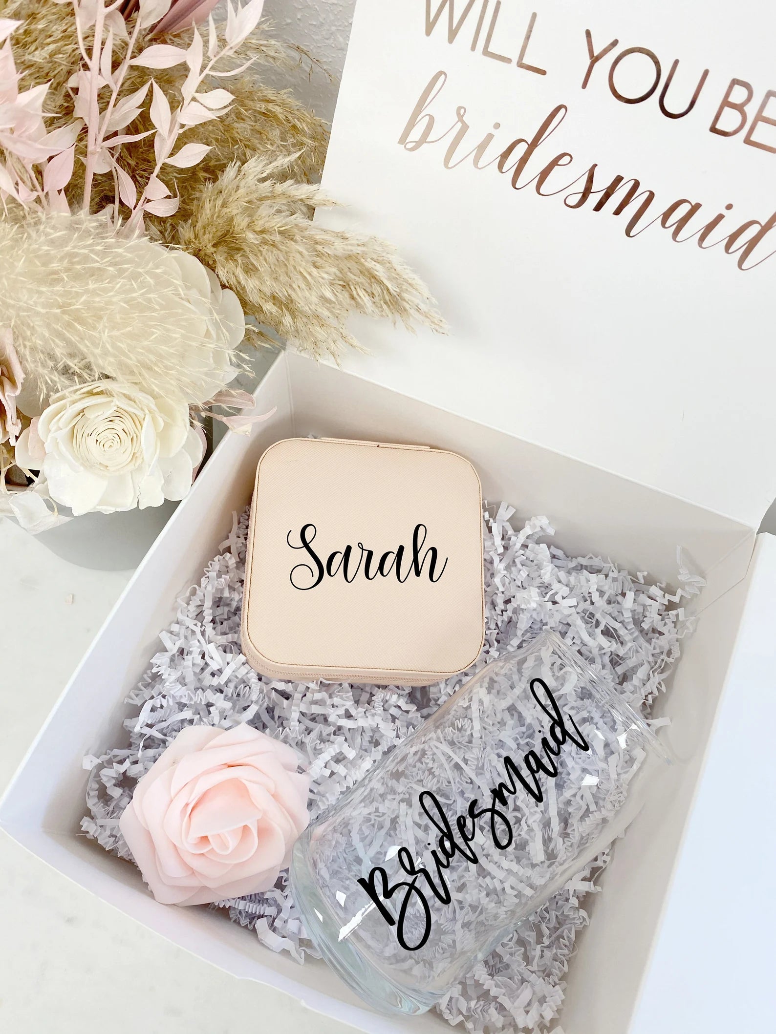 Bridesmaid proposal gift box set- bridesmaid ice coffee beer glass cup- maid of honor proposal- personalized bridesmaid jewelry box initial