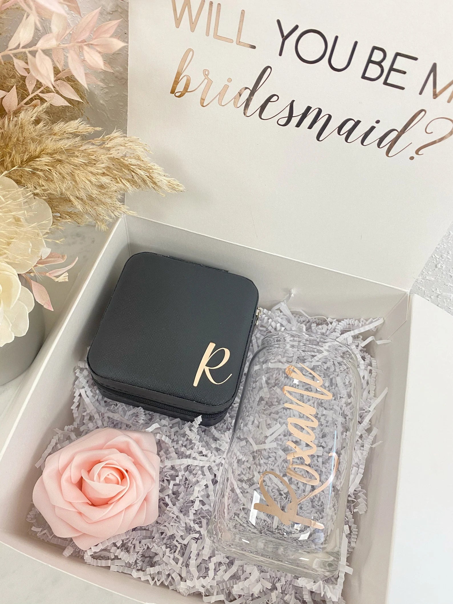 Bridesmaid proposal gift box set- bridesmaid ice coffee beer glass cup- maid of honor proposal- personalized bridesmaid jewelry box initial