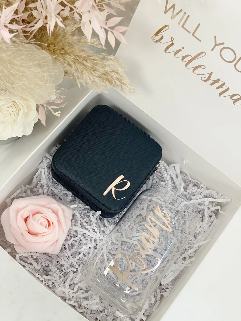 Bridesmaid proposal gift box set- bridesmaid ice coffee beer glass cup- maid of honor proposal- personalized bridesmaid jewelry box initial