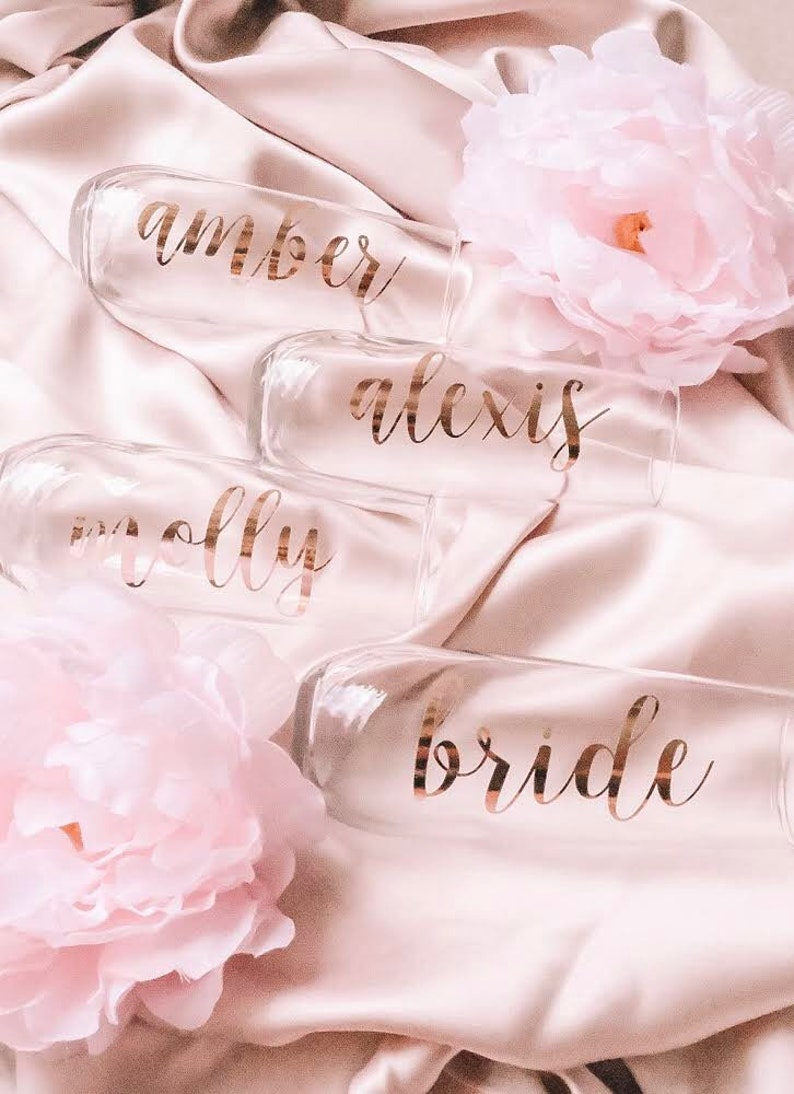 Bride champagne flute- personalized champagne flutes- rose gold champagne bride flute- bridesmaid proposal gift idea stemless champagne glass