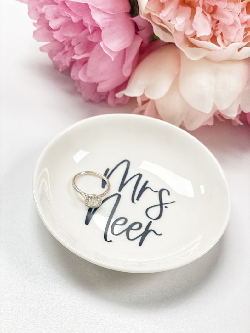 Personalized Mrs ring dish- bride trinket dish tray jewelry holder- miss to Mrs I said yes- engagement gift for bride to be gift box idea