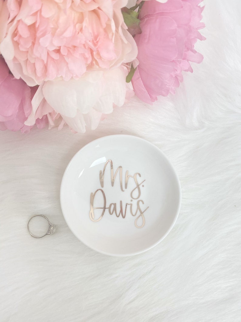 Personalized Mrs ring dish- bride trinket dish tray jewelry holder- miss to Mrs I said yes- engagement gift for bride to be gift box idea