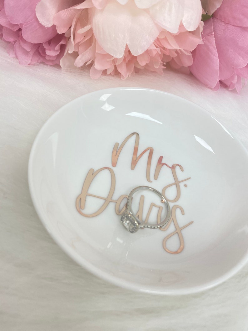 Personalized Mrs ring dish- bride trinket dish tray jewelry holder- miss to Mrs I said yes- engagement gift for bride to be gift box idea