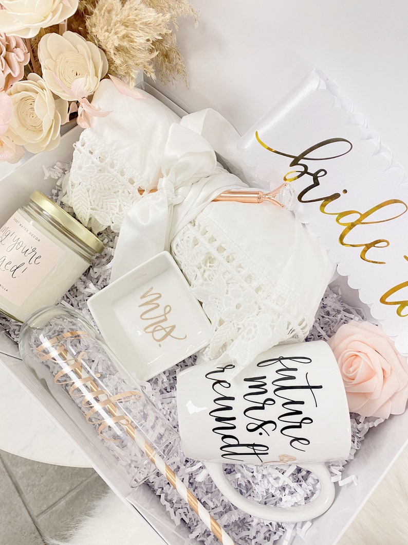 Future mrs mug- personalized bride gift box set - bride engagement gift box- bride to be satin robe - future mrs ring dish - bride sash- flu