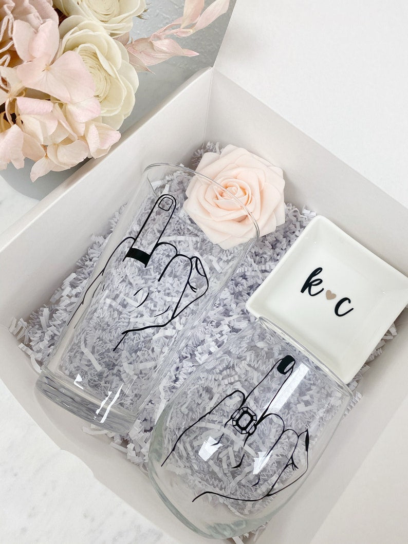 Couples ring finger gift set- beer glass and mug mr and mrs engagement gift box set- his and hers wifey and hubby wedding day gift idea-