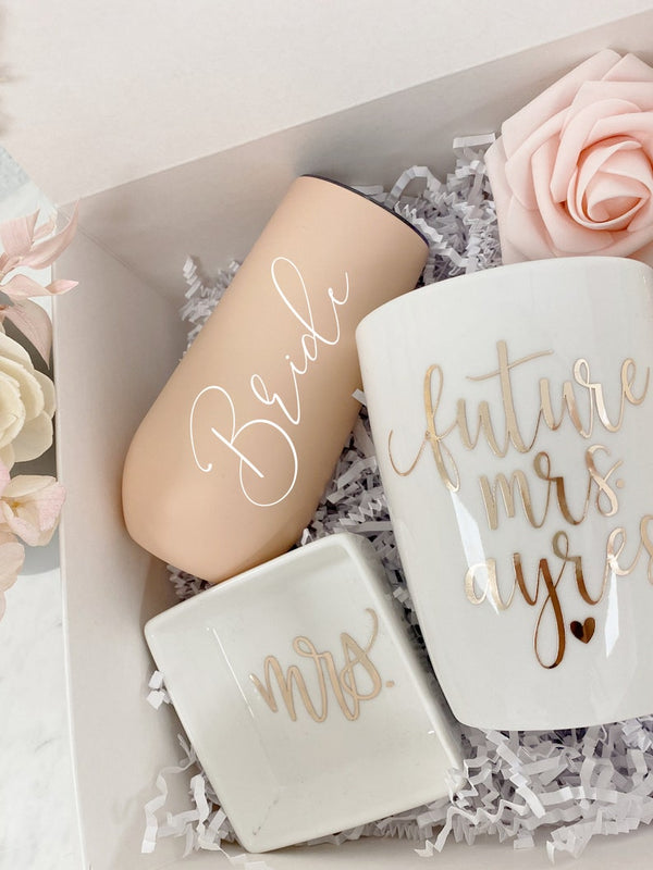 Future mrs mug- personalized bride gift box set - bride engagement gift box- champagne flute bride to be- future mrs ring dish- engaged idea