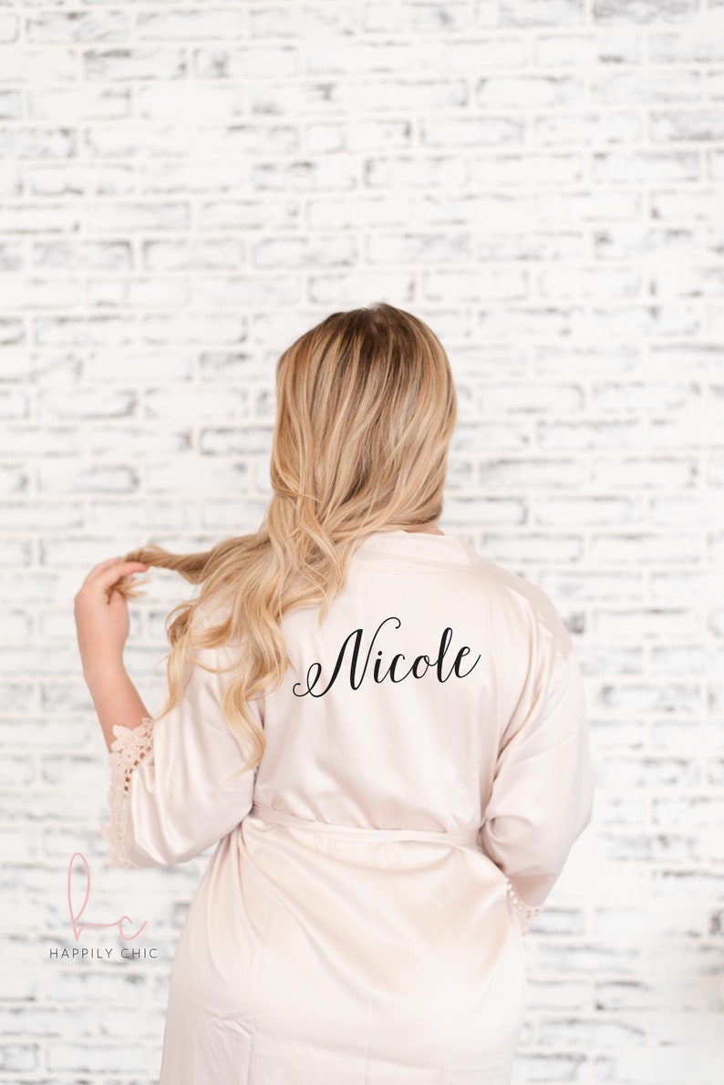 Personalized satin lace bridal party robe- wedding day robes- bridesmaid robes- blush bridesmaid proposal box kimono floral bridal party robe