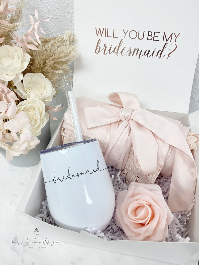 Bridesmaid proposal gift box- personalized bridesmaid wine tumbler- bridesmaid satin lace robe - bridal party robes - will you be my maid of