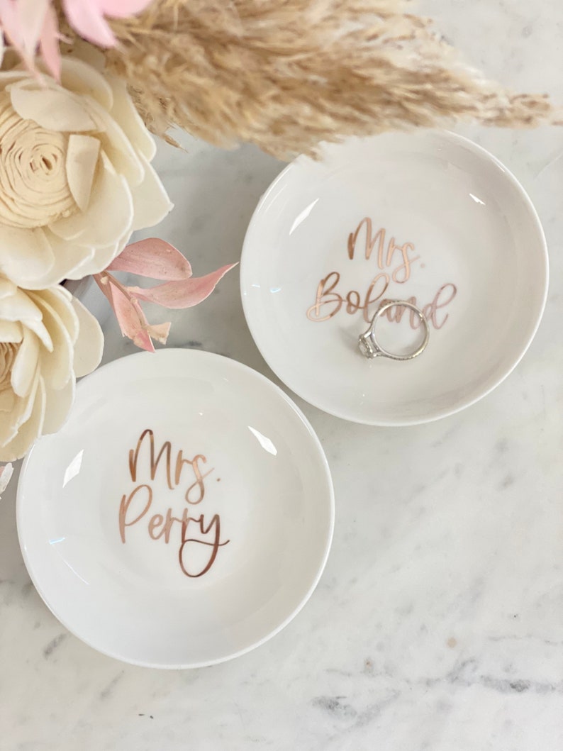 Personalized Mrs ring dish- bride trinket dish tray jewelry holder- miss to Mrs I said yes- engagement gift for bride to be gift box idea