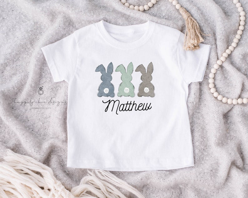 Personalized name Easter T-shirt- hoppy first Easter baby boy bunny shirt- children easter tee- matching family easter shirts three bunnies