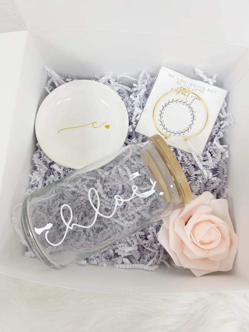 Bridesmaid proposal gift box set- bridesmaid glass can ice coffee cup- maid of honor proposal- personalized bridesmaid bracelet tying knot