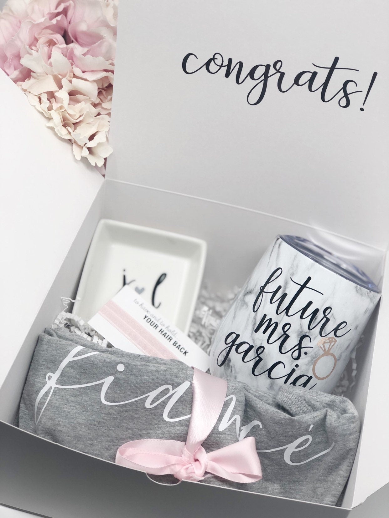 Bride wine tumbler gift box set- future mrs engagement wine glass gift set- gift box for bride to be- fiancée bride tank top shirt fiancé