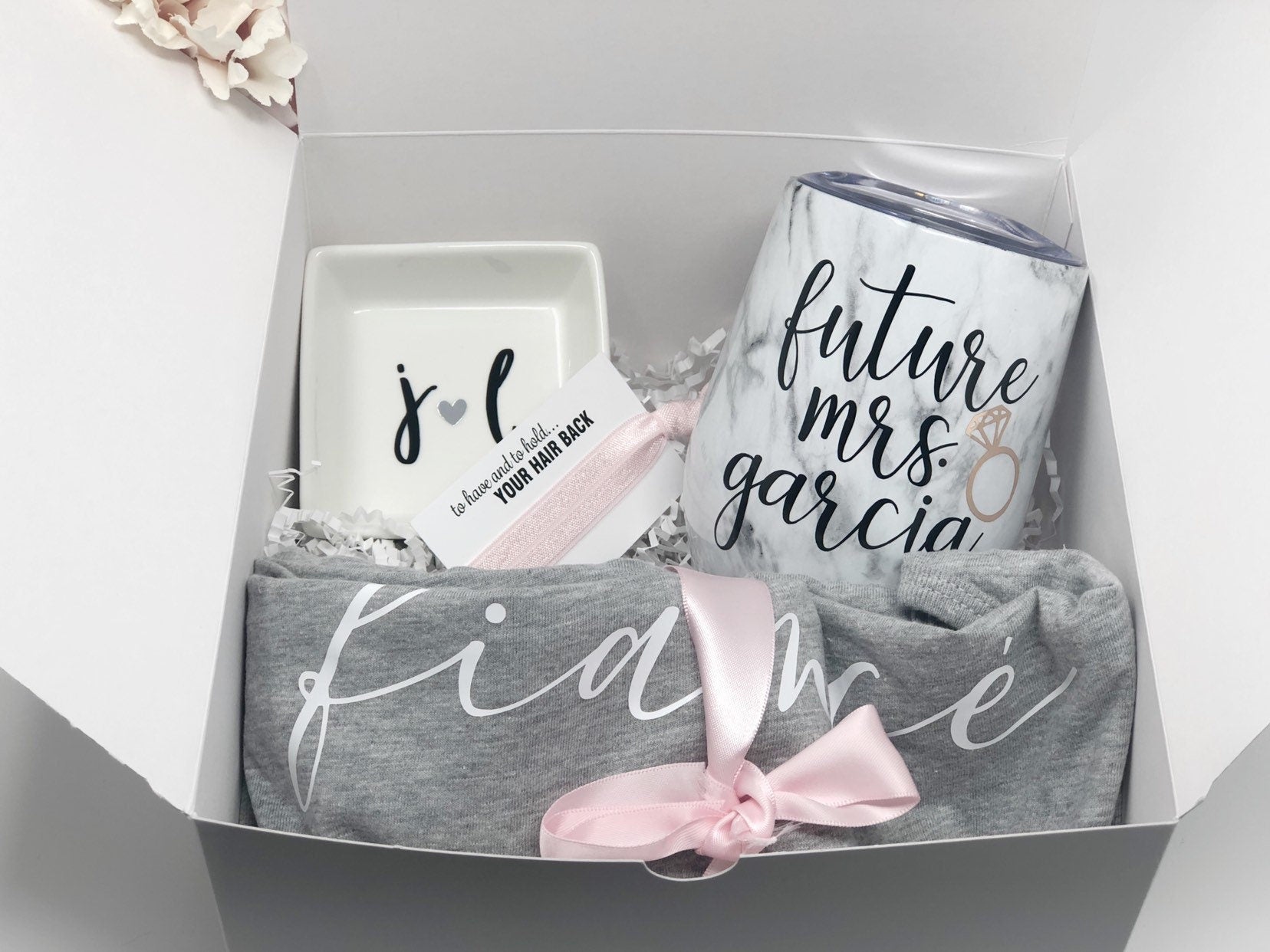 Bride wine tumbler gift box set- future mrs engagement wine glass gift set- gift box for bride to be- fiancée bride tank top shirt fiancé