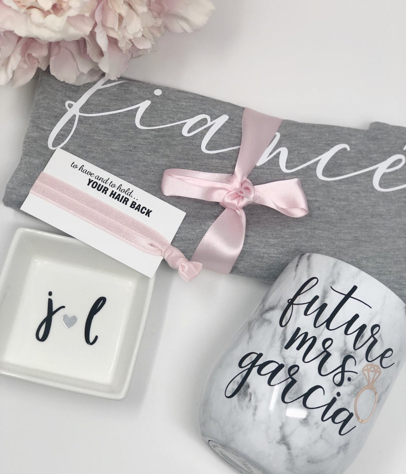 Bride wine tumbler gift box set- future mrs engagement wine glass gift set- gift box for bride to be- fiancée bride tank top shirt fiancé