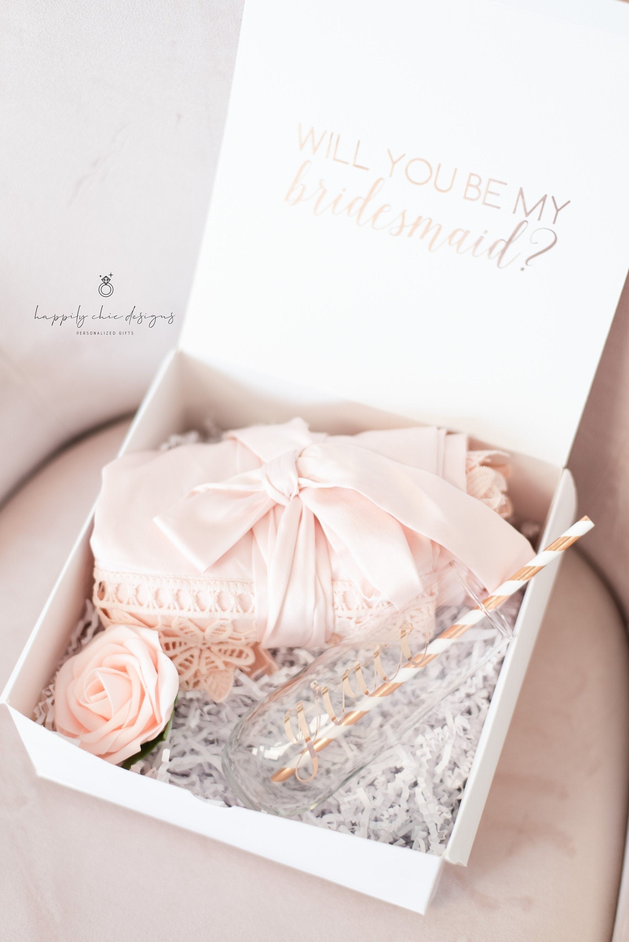 Bridesmaid proposal gift box- personalized bridesmaid champagne flutes- bridesmaid silk robe - bridal party robes - will you be my box