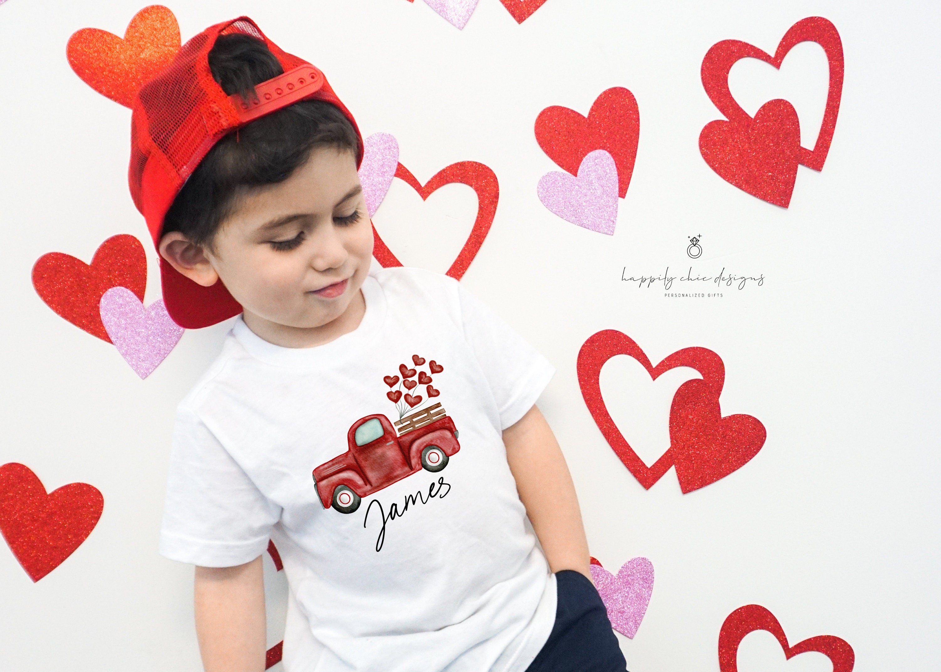 Personalized name valentines day shirt first valentines truck heart balloons t-shirt idea for kids toddler -cute matching sibling valentines