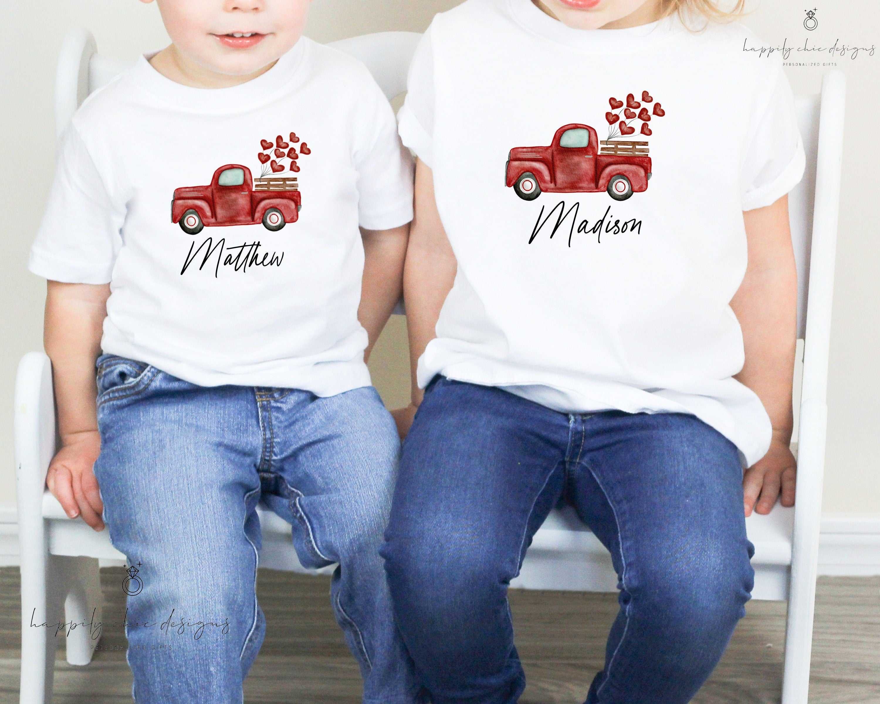 Personalized name valentines day shirt first valentines truck heart balloons t-shirt idea for kids toddler -cute matching sibling valentines