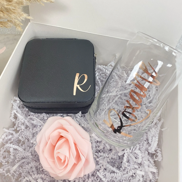 Bridesmaid proposal gift box set- bridesmaid ice coffee beer glass cup- maid of honor proposal- personalized bridesmaid jewelry box initial