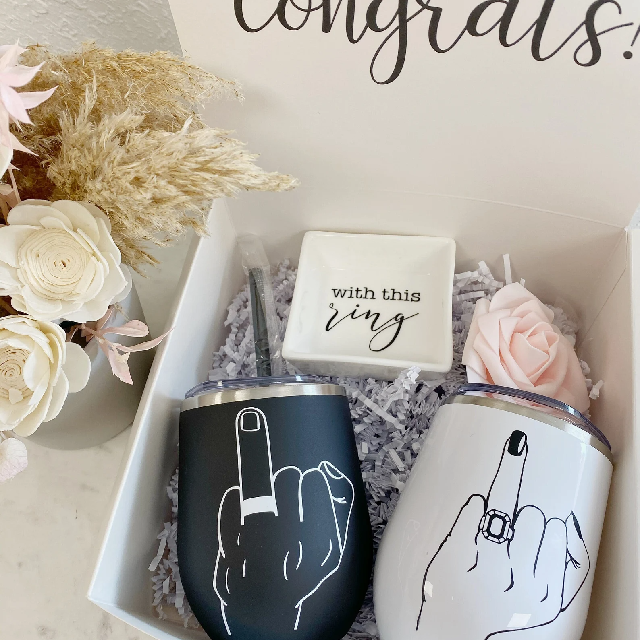 Couples ring finger gift set- wine tumbler set mr and mrs engagement gift box set- his and hers wifey and hubby wedding day gift idea-