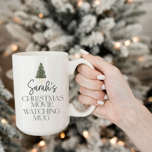 Personalized Christmas movie watching mug - Christmas tree mug- custom holiday mug- christmas movies mug- gift for best friend - name mug