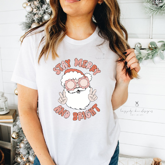 STAY merry and bright santa Retro Christmas it’s the season shirt- matching family Christmas Xmas tees- ho ho hovintage christmas crew