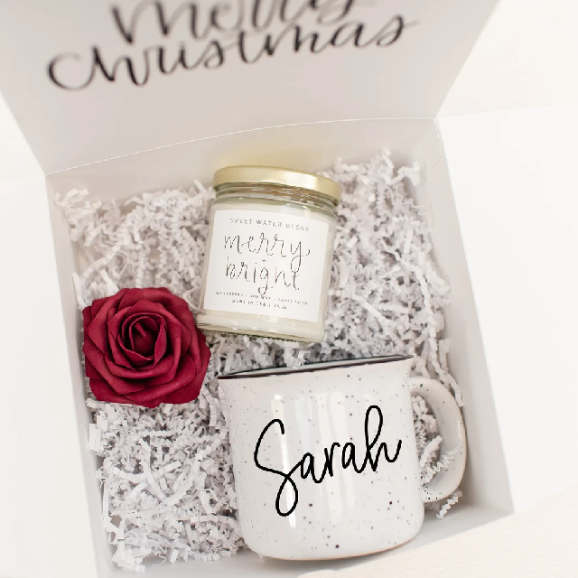 Holiday gift box idea for coworker secret santa christmas candle merry snd bright campfire personalized mug custom gift idea christmas box