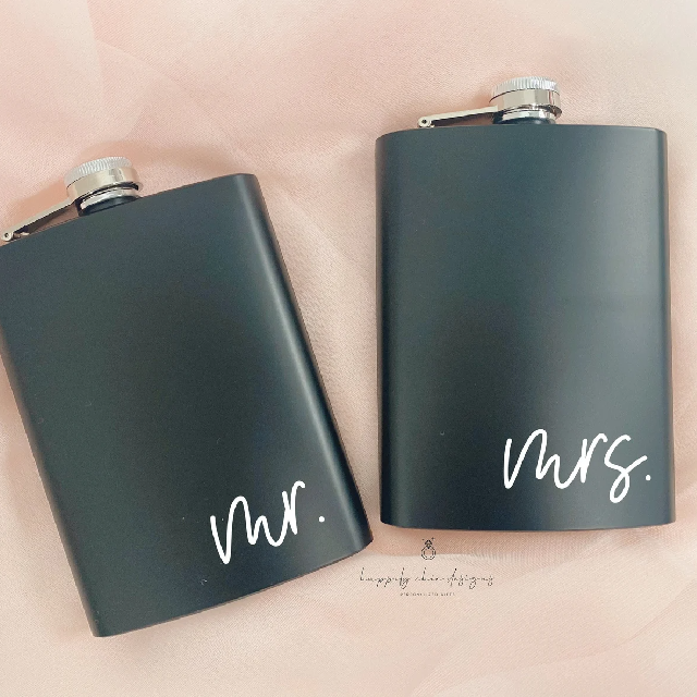 Mr and Mrs flask set- bachelor bachelorette flasks- personalized flasks bride and groom shot honeymoon flasks wedding gift idea lucky mr