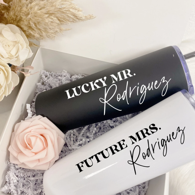 Future mrs lucky mr Couples tumbler gift set- mr and mrs engagement gift box set- his and hers wifey and hubby wedding day bride groom