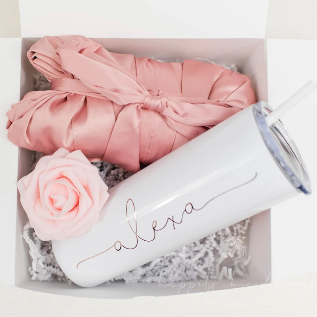 Bridesmaid proposal gift box- personalized bridesmaid tumbler- bridesmaid satin lace robe - bridal party robes - will you be my maid of hono