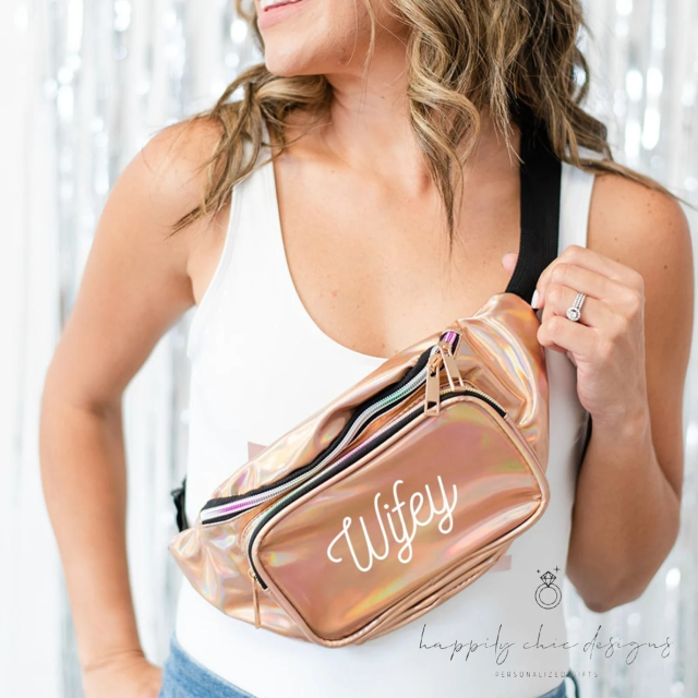 Personalized Bride bachelorette party fanny pack - metallic iridescent pouch purse custom bridesmaid wifey mrs bridal gift idea - future mrs